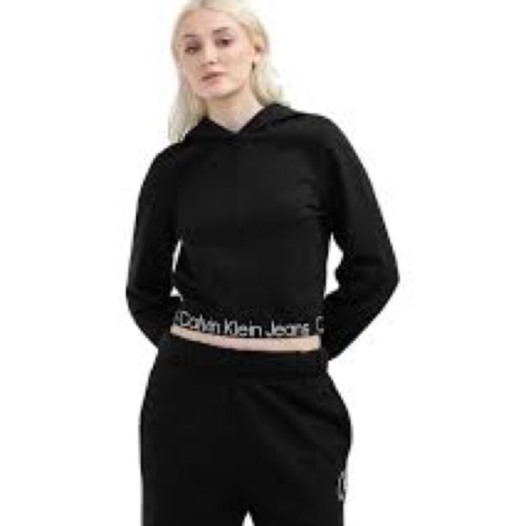 Calvin Klein Women's Black Velvet Performance Hoodie with Logo Hem - Picture 1 of 9